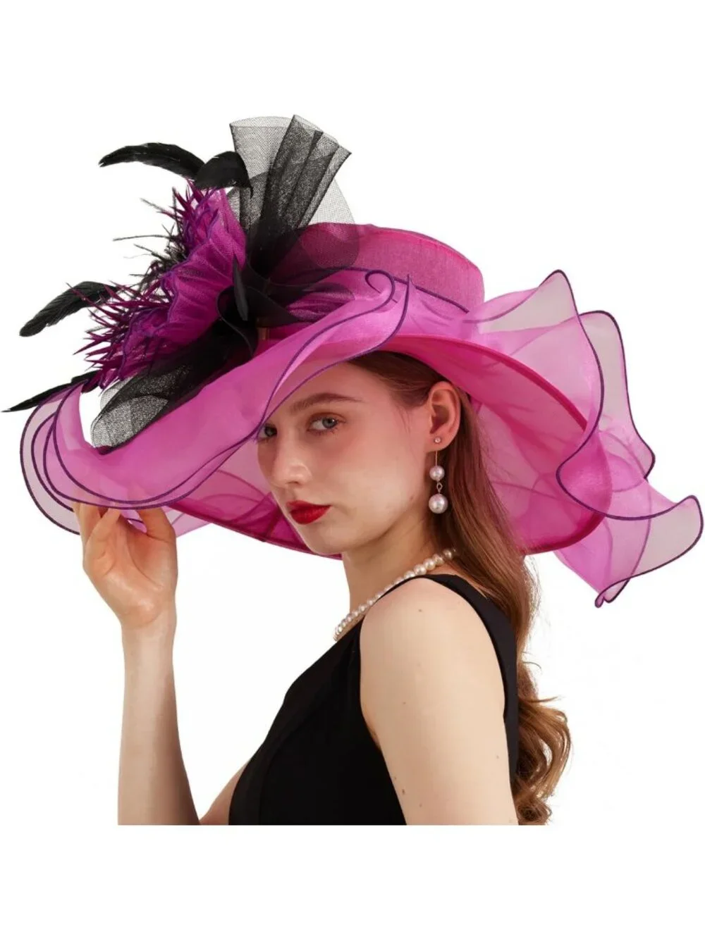 Elegant Wide Brim Organza Church Derby Hat with Detachable Flower for Weddings